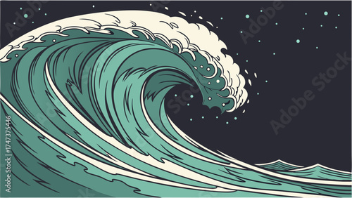 Stylized illustration of a large ocean wave breaking at night teal and cream color palette vector graphic design element.