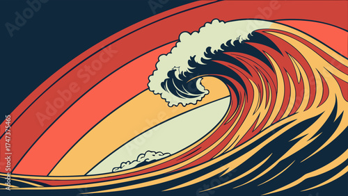 Stylized Retro Wave Illustration Ocean Graphic Design Vintage Surf Art Abstract Water Pattern Colorful Sea Background.