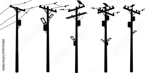 Silhouette of utility poles, solar panels, streetlights, transformers, electrical components, urban infrastructure, renewable energy design