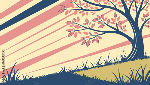 Stylized Tree Illustration with Pink Leaves and Abstract Background.