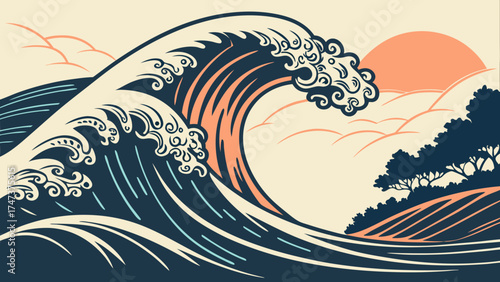 Stylized Ocean Wave Art Sunset Coastal Landscape Water Design Graphic Illustration.