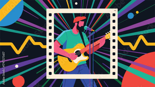 Illustration Of Musician Recording A Video With Sound Waves Are Physically Radiating From Their Instrument, Transforming Into Vertical Video Frames Vector Design Template