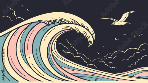 Stylized Ocean Wave Illustration with Birds Pastel Color Palette Coastal Design Summer Vibes.