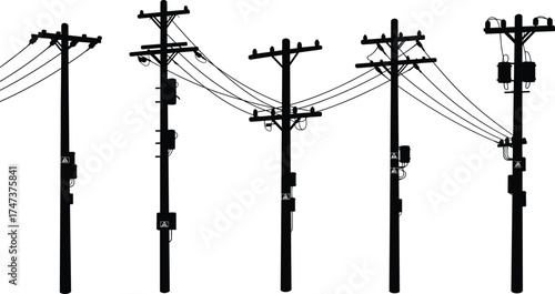 Utility pole silhouettes, electrical distribution system, power line infrastructure, transformers and insulators, urban electricity grid, industrial energy design, 