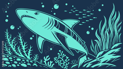 Stylized Shark in Underwater Scene Ocean Life Illustration Marine Animal Art Vector Graphic.