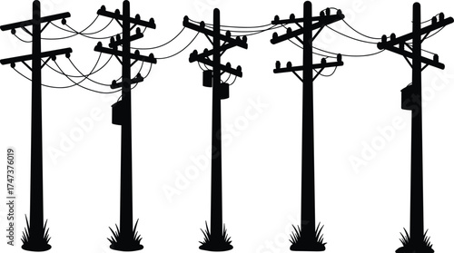 Utility pole silhouettes, electrical distribution system, power line infrastructure, transformers and insulators, urban electricity grid, industrial energy design, 