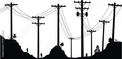 Utility pole silhouettes, power line infrastructure, rural electricity grid, hilly landscape, human figures, electrical distribution system, industrial energy design