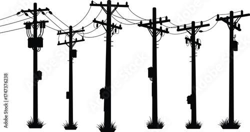 Utility poles, electrical distribution, power lines, transformers, energy infrastructure, communication wires, electricity grid, rural network, silhouette, technology, industrial, 