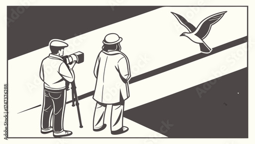 Two People Photographing a Bird in Flight Black and White Illustration.