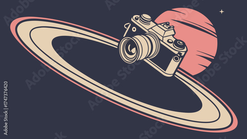 Vintage Camera in Space Cosmic Photography Retro Design Planet Rings Starry Background.