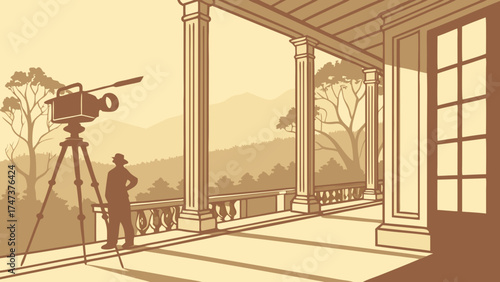Vintage Filmmaking Scene Cameraman on Porch with Mountain View.