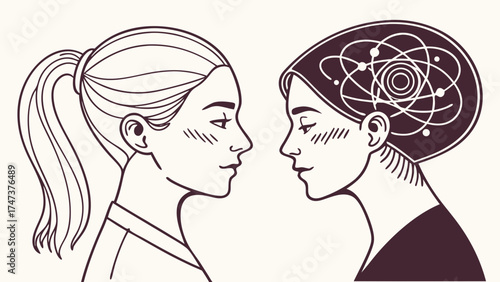 Two stylized female profiles facing each other one with an atom symbol representing the mind suitable for concepts of science duality and inner thought.