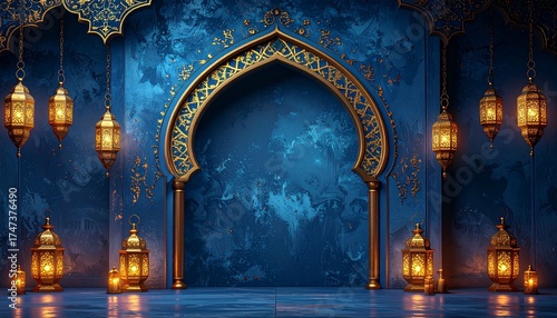 Elegant Ramadan Blue Gold Arch Frame with Glowing Lanterns