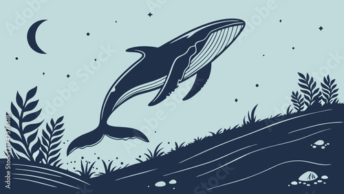 Whale breaching at night stylized illustration marine animal ocean wildlife crescent moon stars aquatic life sea creature dark blue vector graphic minimalist design nature art underwa.