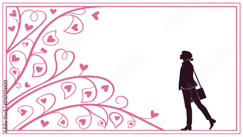 Valentines Day card design romantic silhouette pink hearts elegant illustration woman walking love concept decorative frame feminine graphic vector art printable template greeting card.