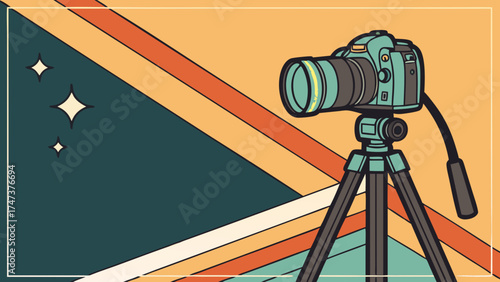Vintage DSLR Camera on Tripod Retro Graphic Design Element for Photography and Videography Projects.