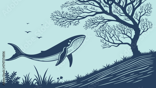 Whale Silhouette Leaping Over Grassy Hill with Birds and Tree Nature Illustration Vector Graphic.