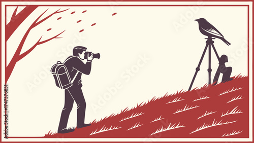 Wildlife Photographer Taking Pictures of Bird on Tripod in Autumnal Setting.