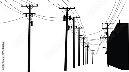 Utility poles, power lines, electricity grid, urban infrastructure, silhouette, perspective view, energy distribution, voltage, industrial