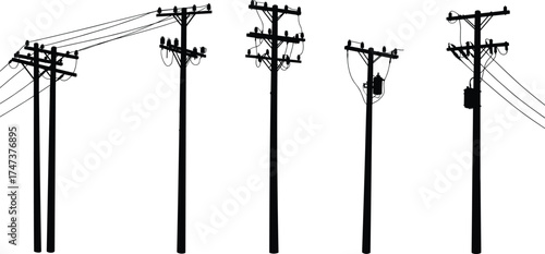 Utility poles, power lines, silhouette infrastructure, crossarms, insulators, transformers, electrical distribution, black and white, energy network