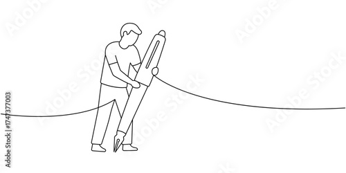 Male character holding giant fountain pen. Minimal vector outline illustration of person writing with oversized ink pen