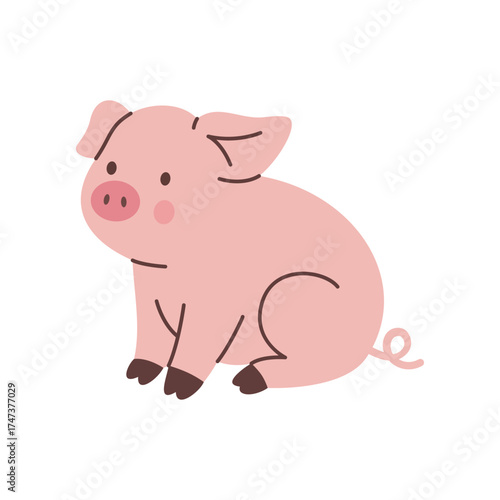 Pink piglet with round cheeks and curly tail. Cute flat farm animal vector illustration for kids, nursery, and playful designs
