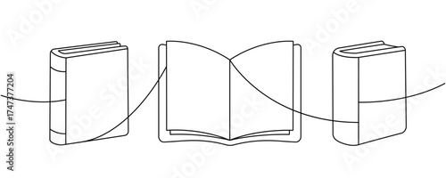 Simple line illustration of an open book centered between two upright closed books