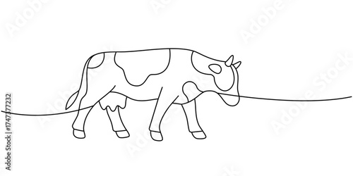 Walking cow. Minimalist black outline artwork of rural farm life