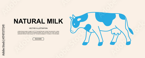 Stylized blue cow grazing in modern flat vector art. Minimal design for milk product branding and eco packaging