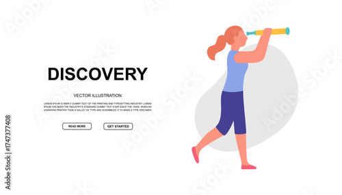 Walking woman with a spyglass. Colorful modern design for discovery and exploration themes