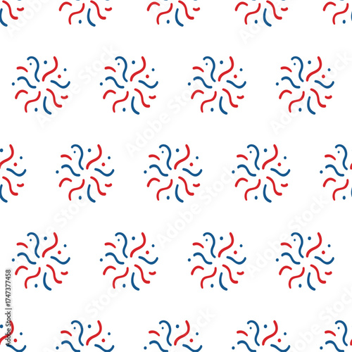 Seamless pattern with playful red and blue fireworks. Vibrant bursts with stars and dots