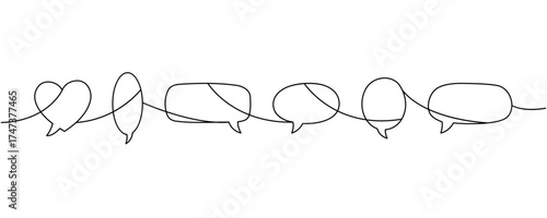 Continuous line art with six connected speech bubbles. Minimalist outline art for modern communication themes