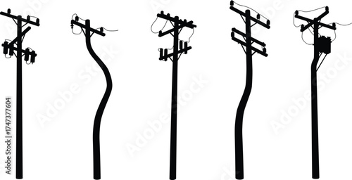 Utility poles, power lines, transformers, silhouette, electricity distribution, energy, voltage, infrastructure, rural, urban, industrial, grid, network, insulators, connection