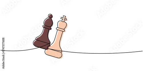 Linear minimalist outline of a brown chess bishop and a peach king leaning on a line, abstract design of power and strategy