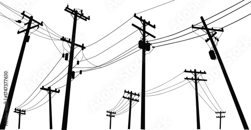 Utility poles, power lines, transformers, silhouette, electricity distribution, energy, voltage, infrastructure, rural, urban, industrial, grid, network, insulators, connection