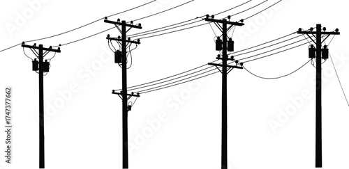 Utility poles, power lines, transformers, silhouette, electricity distribution, energy, voltage, infrastructure, rural, urban, industrial, grid, network, insulators, connection