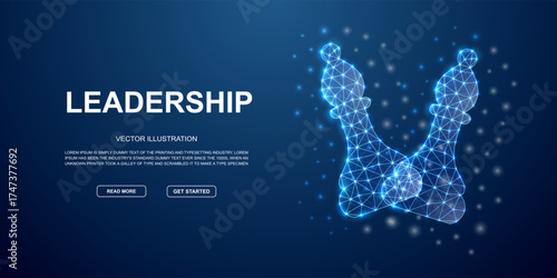 Glowing digital chess bishops with leadership text banner, polygonal wireframe design on dark blue background