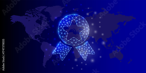 Award polygonal horizontal banner. Reward low poly symbol with world map background. Quality guarantee design template illustration.