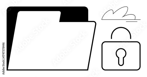 Open folder next to closed lock and cloud element, signifying secure file storage, privacy, and access control. Ideal for cybersecurity, cloud storage, digital privacy, file management, encryption