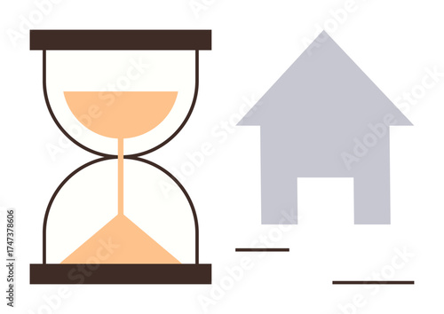 Hourglass with flowing sand beside a simple house icon, symbolizing time, deadlines, and home life. Ideal for time planning, deadlines, real estate, balance goals schedules and simplicity. Minimal