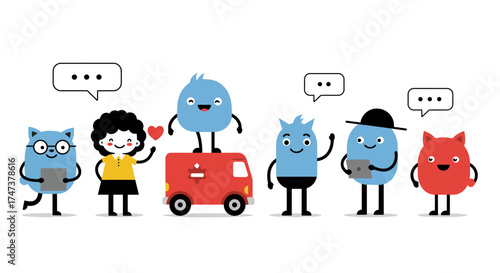 Cartoonish Collection Fun Characters Communicating and Sharing Joyful Moments on a White Canvas