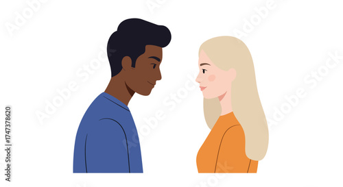 Diverse Couple Facing Each Other with Respectful Gaze in Simple Illustration