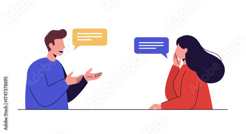 Communicating Ideas Man and Woman in Discussion with Speech Bubbles Illustration