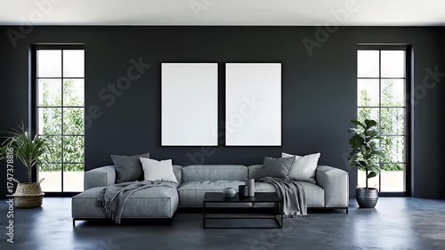 Wallpaper Mural Modern Living Room Interior with Two Blank Frames Mockup Torontodigital.ca