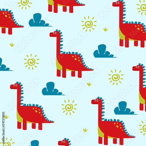 dinosaur brontosaurus red cute cartoon vector seamless pattern design for fullprint fabric kids apparel