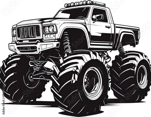 Classic American Monster Truck Black and White Vector Illustration