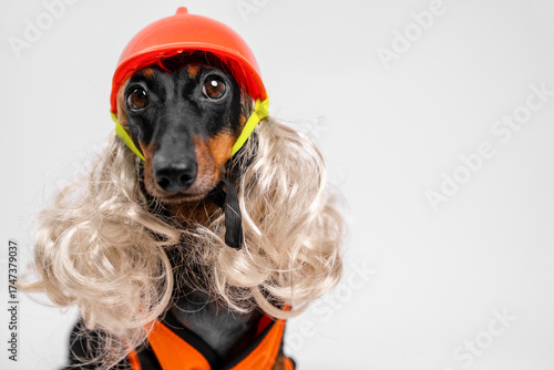 Black and tan dachshund wearing an orange construction helmet and a long curly blonde wig with an orange vest against a plain white background
