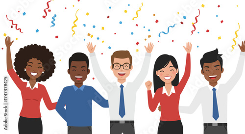 Celebrating Team Achievement Diverse Professionals Rejoicing Under Colorful Confetti