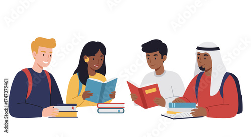 Diverse students reading books together, fostering education and knowledge in a collaborative setting