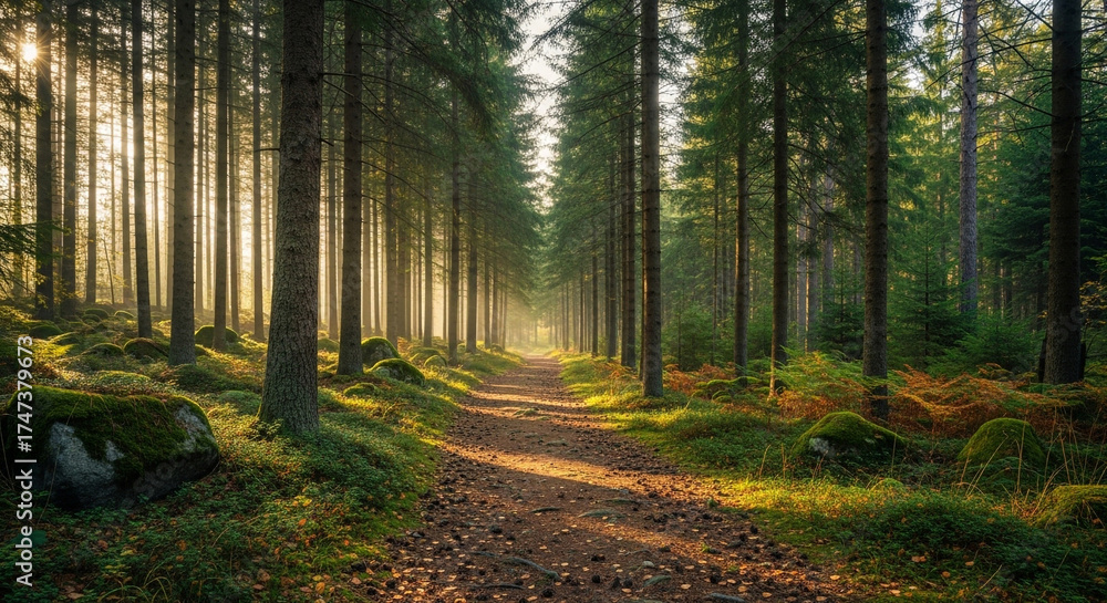 Obraz premium Sunlight filters through the tall trees in the forest, creating a serene and peaceful atmosphere as it illuminates the path ahead, inviting exploration